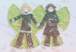  2girls absurdres ahoge black_gloves blonde_hair boots chinese_commentary chito_(shoujo_shuumatsu_ryokou) chuida_diwen closed_eyes commentary_request flower gloves grass helmet highres long_sleeves multiple_girls pink_flower shoujo_shuumatsu_ryokou sleeping snow snow_angel snowman unworn_headwear unworn_helmet yuuri_(shoujo_shuumatsu_ryokou) 