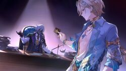  2boys absurdres aventurine_(honkai:_star_rail) aventurine_(waveflair)_(honkai:_star_rail) bad_link bad_miyoushe_link black_gloves black_jacket blonde_hair blue-tinted_eyewear blue_shirt blue_streaks bracelet buttons card chalice collared_shirt cup dark-skinned_male dark_skin desk double-breasted ear_piercing earrings eyewear_on_head faceless faceless_male floral_print floral_print_shirt formal_clothes game_asset gloves hair_intakes hawaiian_shirt highres holding holding_card honkai:_star_rail honkai_(series) hoop_earrings jacket jewelry lapels long_sleeves looking_at_another multicolored_hair multiple_boys neck_tattoo necklace necktie notched_lapels official_art open_clothes open_shirt pectoral_cleavage pectorals piercing print_shirt ring shirt short_hair sitting smile spotlight streaked_hair sugilite_(honkai:_star_rail) sugilite_(stoneheart's_oath_ring)_(honkai:_star_rail) sunglasses tattoo tinted_eyewear two-tone_hair violet_eyes weighing_scale white_hair white_shirt yellow_necktie 