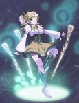  bad_id beret blonde_hair boots breasts detached_sleeves drill_hair endou_(hot_handle) fingerless_gloves gloves gun hair_ornament hat magical_girl magical_musket mahou_shoujo_madoka_magica musket outstretched_hand puffy_sleeves solo thigh-highs thighhighs tomoe_mami vertical-striped_legwear vertical_stripes weapon yellow_eyes zettai_ryouiki 
