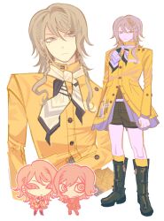  2boys androgynous black_boots black_shorts blonde_hair boots brown_jacket brown_pants brown_shirt buttons chibi closed_mouth coat colored_eyelashes commentary danganronpa_(series) danganronpa_2:_goodbye_despair danganronpa_2x2 danganronpa_3_(anime) english_commentary expressionless goom_(966mie) hair_between_eyes highres hope's_peak_academy_school_uniform jacket kneehighs lapels leaked_student_(danganronpa_2x2) long_hair long_sleeves male_focus mitarai_ryota mole mole_under_eye multiple_boys neckerchief notched_lapels pants partially_unbuttoned school_uniform shirt shorts simple_background socks spoilers white_background white_neckerchief yellow_coat yellow_eyes yellow_socks 