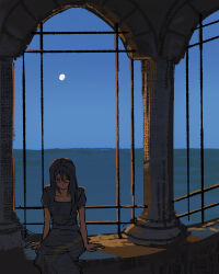  1girl blue_dress blue_hair blue_sky building clear_sky cowboy_shot dress full_moon glasses horizon long_hair moon ocean opera865no original sitting sky solo 
