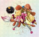  beryl_benito blonde_hair boots bow brooch broom broom_riding creature grey_eyes hair_ribbon hat jewelry long_hair mina03 paintbrush pink_legwear ribbon shorts sidesaddle sitting smile solo tales_of_(series) tales_of_hearts thigh-highs thighhighs twintails witch_hat 