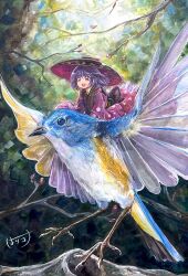  1girl :d absurdres bird bowl bowl_hat commentary_request feathers flying harikona hat highres japanese_clothes kimono long_sleeves looking_ahead mini_person minigirl open_mouth painting_(medium) purple_hair red_eyes riding riding_bird sash smile sukuna_shinmyoumaru touhou traditional_media wide_sleeves 