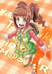  :d brown_hair dan_(orange_train) green_eyes hoodie idolmaster long_hair open_mouth outstretched_arms skirt smile solo spread_arms takatsuki_yayoi thigh-highs thighhighs twintails 
