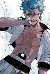  1boy absurdres arrancar bleach blue_eyeliner blue_eyes blue_hair broken_mask eyeliner grimmjow_jaegerjaquez highres hole_in_stomach hole_on_body hollow_mask jacket makeup male_focus mask open_clothes scar scar_on_chest short_hair solo spiky_hair suujiniku 