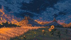  artist_name blue_sky clouds cloudy_sky commentary english_commentary evening flower hill landscape meadow michspich no_humans original outdoors pixel_art ruins scenery sky star_(sky) sunflower yellow_flower 