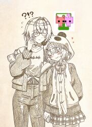  !? 2girls ange_katrina ange_katrina_(casual) animal_hood belt blush bow bowtie cardigan choker closed_eyes closed_mouth commentary_request crossed_bangs fang fang_out flying_sweatdrops glasses graphite_(medium) hair_between_eyes hair_intakes hair_ornament hairclip hand_up head_on_another's_shoulder heart highres holding_hands hood hood_up hooded_jacket jacket long_sleeves miniskirt mole mole_under_eye multiple_girls nijisanji noharano off_shoulder open_clothes open_jacket panda_hood pants paper_texture pendant_choker pico_cat pico_park plaid_clothes plaid_skirt pleated_skirt reference_inset sasaki_saku sasaki_saku_(1st_costume) scratching_cheek screenshot_inset sepia shirt shirt_partially_tucked_in short_hair side-by-side simple_background skirt smile spot_color sweatdrop t-shirt traditional_media virtual_youtuber yuri 