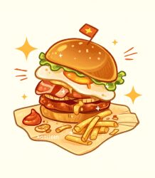  artist_name burger commentary egg_(food) english_commentary food food_focus french_fries highres kaaileen lettuce no_humans original simple_background sparkle white_background 