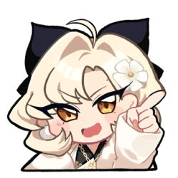  1girl animated animated_gif arm_up astrae_oratio black_ribbon blonde_hair brown_eyes earrings fur_jacket gold_necklace hair_ribbon jacket jewelry keikou_mayoi looking_at_viewer lowres necklace official_art open_mouth pearl_earrings pointing ribbon second-party_source sidelocks simple_background solo white_background winking_(animated) 