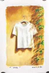  absurdres border clothes_focus clothes_hanger commentary dated english_commentary highres katayama_joe no_humans original plant shirt t-shirt traditional_media unworn_shirt white_border white_shirt 