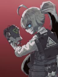  ahoge ammunition_pouch ballistic_shield blue_archive bulletproof_vest halo highres holding holding_detached_head hoshino_(armed)_(blue_archive) hoshino_(blue_archive) kaiser_pmc_robot_mercenary_(blue_archive) long_hair looking_at_viewer looking_to_the_side lord_potato monochrome ponytail pouch profile robot school_uniform shield shirt tactical_school_uniform white_shirt 