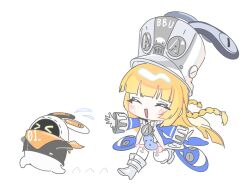  >_< 1girl 1other bangboo_(zenless_zone_zero) blonde_hair blue_jacket blush chasing chibi closed_eyes commentary eous_(zenless_zone_zero) full_body gloves grey_hat grey_helmet hat helmet highres jacket large_hat long_hair mw_01m norma_hollowell open_mouth running shako_cap simple_background thigh-highs white_background white_gloves white_thighhighs zenless_zone_zero 