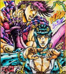  2boys adversarial_noise ashiya_kouhei battle_tendency blue_eyes blue_hair blue_lips bob_cut bruno_bucciarati commentary_request fingerless_gloves gloves green_headband hair_ornament hairclip happy_birthday headband highres jojo_no_kimyou_na_bouken joseph_joestar joseph_joestar_(young) lips male_focus marker_(medium) multiple_boys muscular muscular_male open_mouth pectoral_cleavage pectorals purple_gloves purple_hair scarf striped_clothes striped_scarf traditional_media vento_aureo violet_eyes watermark zipper zipper_pull_tab 