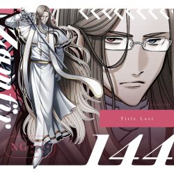  1boy arm_at_side blue_eyes border call_of_cthulhu capelet cassock closed_mouth copyright_name cross cross_necklace frown full_body glasses gold_trim hair_behind_ear hand_up heterochromia highres holding holding_sword holding_weapon jewelry long_hair long_sleeves looking_at_viewer male_focus necklace outline outside_border parted_bangs rectangular_eyewear red_background red_eyes robe sanpaku shoes sideways_glance solo standing stole sword title_lost tkcthmsykfe v-shaped_eyebrows very_long_hair weapon white_border white_capelet white_outline white_robe white_shoes zoom_layer 