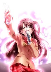  1girl blazer bow bowtie brown_eyes brown_hair brown_jacket commentary_request cowboy_shot floating_hair foreshortening glowing hair_between_eyes hair_intakes half-closed_eyes hand_up holding holding_microphone idolmaster idolmaster_cinderella_girls jacket jpeg_artifacts long_hair long_sleeves looking_at_viewer microphone miniskirt one_side_up open_mouth outstretched_arm plaid_clothes plaid_skirt pleated_skirt red_bow red_bowtie red_skirt school_uniform shimamura_uzuki sidelocks singing skirt solo teeth upper_teeth_only very_long_hair zen_(kamuro) 