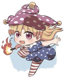  1girl :d american_flag_dress american_flag_legwear blonde_hair blush chibi chibi_only clownpiece commentary_request fairy_wings full_body hair_between_eyes hat highres holding holding_torch jester_cap long_hair neck_ruff no_shoes open_mouth pantyhose pink_eyes pink_hat polka_dot_headwear rokugou_daisuke short_sleeves signature smile solo standing standing_on_one_leg torch touhou wings 