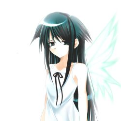  1girl 2000s_(style) black_ribbon bnli270777 dress dress_ribbon flat_chest green_eyes green_hair green_wings hair_flaps highres long_hair looking_at_viewer ribbon sad saya_(saya_no_uta) saya_no_uta sleeveless sleeveless_dress solo sundress upper_body very_long_hair white_background white_dress wings 
