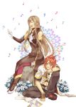  1girl boots brown_hair closed_eyes eyes_closed fingerless_gloves flower gloves green_eyes long_hair luke_fon_fabre mi_(pixiv) miho_(mi) musical_note red_hair redhead singing tales_of_(series) tales_of_the_abyss tear_grants thigh-highs thighhighs 