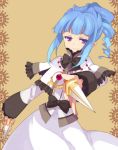  ange_serena blue_hair bow brown_background curly_hair dagger dress dual_wielding jewelry koto_(colorcube) lowres necklace payot ponytail purple_eyes ribbon shawl short_hair smile solo tales_of_(series) tales_of_innocence violet_eyes weapon 