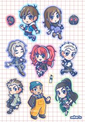  3girls 5girls :o artist_name axe beanie black_jacket black_pants black_scarf black_shirt blue_hat blue_outline blue_pants blue_vest blush blush_stickers bookmark boots braid brown_boots brown_eyes brown_hair brown_shoes chibi chibi_only clenched_hand closed_eyes commentary dress earmuffs english_commentary eyelashes front-tie_top full_body gas_mask green_outline green_pants grey_boots grey_hair grey_hoodie grey_jacket grey_outline grey_pants grid_background hair_bun hairband hand_in_pocket hands_in_pockets hat high_heels highres holding holding_axe holding_behind_back hood hood_down hoodie ichimiya_(kyokugen_dasshutsu) jacket junpei_(kyokugen_dasshutsu) kurashiki_akane kyokugen_dasshutsu kyokugen_dasshutsu:_9_jikan_9_nin_9_no_tobira layered_sleeves long_hair long_sleeves mask mature_male midriff multicolored_hair multiple_girls navel niels_(kyokugen_dasshutsu) open_clothes open_jacket open_mouth open_vest orange_outline outline overalls pants pink_outline plaid_clothes plaid_shirt ponytail purple_dress purple_outline red-necktie red_hair red_outline red_shirt santa_(kyokugen_dasshutsu) scar scar_across_eye scar_on_cheek scar_on_face scarf seiharts seven_(kyokugen_dasshutsu) shirt shoes short_hair short_over_long_sleeves short_sleeves single_hair_bun single_side_bun thick_eyebrows twin_braids twintails two-tone_hair unworn_mask unworn_wristwatch vest white_background white_hair white_shirt yashiro_(kyokugen_dasshutsu) yellow_overalls yotsuba_(kyokugen_dasshutsu) zero_(kyokugen_dasshutsu) 