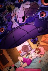  2girls animal_print bed bedroom blanket blonde_hair blush board_game bow breasts brown_hair butterfly_print cape cellphone disembodied_eye dreaming dress electric_fan fedora flip_phone folding_fan gap_(touhou) glasses hand_fan hand_under_clothes hand_under_shirt hat hat_bow hat_ribbon hayoibu highres holding_shogi_piece long_hair long_sleeves medium_breasts midriff mob_cap multiple_girls navel panda phone pillow purple_bow purple_shorts purple_tabard red-framed_eyewear ribbon semi-rimless_eyewear shaded_face shirt shogi shogi_piece short_hair shorts skirt stuffed_animal stuffed_toy tabard touhou under-rim_eyewear unworn_eyewear usami_sumireko white_shirt yakumo_yukari 