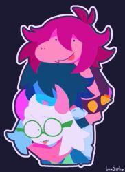  1boy 1girl 1other :p androgynous animal_ears animated animated_gif antenna_hair artist_name black_background black_eyes black_hair blue_skin bracelet closed_mouth colored_skin commentary deltarune furry furry_female furry_male glasses green-framed_eyewear hair_between_eyes highres horns imasiphy jewelry kris_(dark_world)_(deltarune) kris_(deltarune) long_hair no_eyes outline pink_scarf purple_hair purple_skin ralsei reptile_girl round_eyewear scarf short_hair simple_background smile spiked_bracelet spikes susie_(dark_world)_(deltarune) susie_(deltarune) tongue tongue_out utdr_(toby_fox) white_outline 