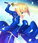 absurdres ahoge blonde_hair breasts cleavage cropped excalibur fate/stay_night fate/zero fate_(series) glowing glowing_sword glowing_weapon green_eyes highres petals saber solo sword takeuchi_takashi weapon 
