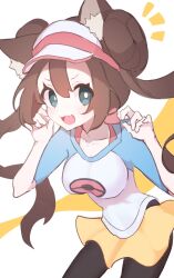  animal_ear_fluff animal_ears black_pantyhose blue_eyes blush brown_hair claw_pose donut_hair_bun double_bun fang gao hair_between_eyes hair_bun highres nemu_runa pantyhose pantyhose_under_shorts poke_ball_print pokemon pokemon_black_2_and_white_2 raglan_sleeves rosa_(pokemon) shirt shorts sidelocks skin_fang skirt twintails visor_cap white_shirt yellow_background yellow_shorts yellow_skirt 