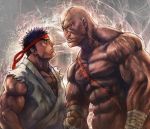 bald black_hair boyaking bust capcom eye_contact eyepatch headband looking_at_another male multiple_boys muscle ryu ryuu_(street_fighter) sagat scar shirtless spiked_hair spiky_hair stare street_fighter white_eyes 