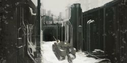  2girls black_hair blonde_hair chito_(shoujo_shuumatsu_ryokou) coat commentary_request driving gun gun_on_back helmet highres industrial_pipe kettenkrad multiple_girls outdoors post-apocalypse scenery shoujo_shuumatsu_ryokou snow tripdancer utility_pole weapon weapon_on_back wide_shot winter yuuri_(shoujo_shuumatsu_ryokou) 