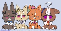  admire_vega_(umamusume) ahoge animal_ears animal_focus animalization bow bowtie closed_eyes closed_mouth commentary crown dog ear_covers ear_ribbon english_commentary grey_bow grey_bowtie looking_at_viewer mahoxyshoujo meisho_doto_(umamusume) narita_top_road_(umamusume) necktie no_humans pink_crown recursive_animalization single_ear_cover smile t.m._opera_o_(umamusume) tail umamusume umamusume:_road_to_the_top violet_eyes white_necktie 