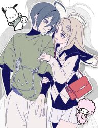  1boy 1girl ahoge akamatsu_kaede black_hair blonde_hair cowboy_shot danganronpa_(series) danganronpa_v3:_killing_harmony hair_between_eyes hair_ornament highres jacket keke_(xfxyuio) long_hair long_sleeves miniskirt musical_note musical_note_hair_ornament pants saihara_shuichi shirt short_hair skirt smile white_skirt 