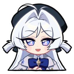  1girl animated animated_gif antenna_hair astrae_oratio black_hat black_ribbon blue_eyes blue_gem blue_ribbon blush coat dangling_earring earrings gem grey_coat hair_intakes hair_ribbon hat jewelry long_hair lowres mitsukoe_runa official_art open_mouth ribbon second-party_source simple_background single_earring smile solo two_side_up white_background 