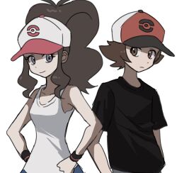  1boy 1girl black_shirt brown_eyes brown_hair closed_mouth collarbone commentary_request ddakji_0025 eyelashes grey_eyes hat highres hilbert_(pokemon) hilda_(pokemon) korean_commentary long_hair pokemon pokemon_black_and_white shirt short_sleeves sidelocks simple_background sleeveless sleeveless_shirt smile t-shirt white_background white_hat white_shirt wristband 