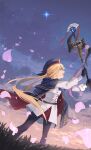  1girl artoria_pendragon_(caster)_(fate) artoria_pendragon_(fate) bangs belt black_gloves black_legwear blonde_hair blue_belt blue_bow blue_cape blue_headwear bow buttons cape clouds commentary_request dress fate/grand_order fate_(series) floating_hair from_side gloves gold_trim grass green_eyes hair_bow hat highres holding holding_staff holding_weapon long_hair long_sleeves looking_away open_mouth outdoors pantyhose petals ra0ra3 red_cape sheath sheathed short_sword sky smile solo staff sword twintails two-tone_cape weapon white_dress 