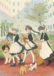  3girls :o apron black_dress black_shoes bob_cut book box broom building cat commentary_request dog dress highres holding holding_box holding_broom inoue_haruka_(haruharu210) long_hair maid maid_apron maid_headdress multiple_girls original pantyhose paw_print shoes short_hair slice_of_life stuffed_animal stuffed_toy teddy_bear tree twintails white_pantyhose 