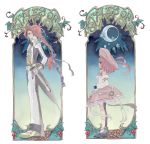  art_nouveau bobby_socks braid brother_and_sister crescent_moon detached_sleeves dress formal frills gloves green_eyes hat long_hair mary_janes moon necktie night ocha_(artea) pants pink_hair profile red_hair redhead seles_wilder serious shoes short_hair siblings socks standing star suit sword tales_of_(series) tales_of_symphonia title_drop weapon zelos_wilder 