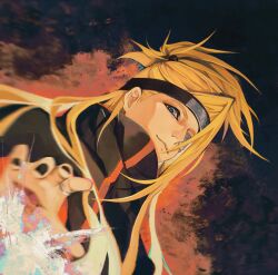  1boy akatsuki_uniform black_nails blonde_hair blue_eyes closed_mouth deidara_(naruto) deidora8 forehead_protector from_below highres jewelry light_smile long_hair looking_at_viewer male_focus naruto_(series) naruto_shippuuden ring solo 