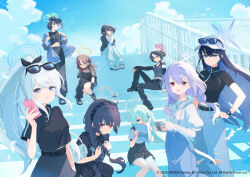  6+girls arius_squad_(blue_archive) atsuko_(blue_archive) baseball_cap belt black_hair black_shirt blue_archive blue_eyes blue_hair braid brown_hair camera casual colored_inner_hair commentary_request denim detached_sleeves eyewear_on_head green_hair hair_over_one_eye hair_over_shoulder halo hat hiyori_(blue_archive) holding holding_camera holding_magazine holding_phone jeans long_hair long_sleeves looking_at_viewer low_twin_braids machico_maki magazine_(object) miniskirt misaki_(blue_archive) miyako_(blue_archive) miyu_(blue_archive) moe_(blue_archive) multicolored_hair multiple_girls official_art pants phone ponytail promotional_art purple_hair rabbit_platoon_(blue_archive) red_eyes saki_(blue_archive) saori_(blue_archive) shirt short_hair short_sleeves side_ponytail sitting skirt stairs standing subaru_(blue_archive) sunglasses suspender_pants t-shirt torn_clothes torn_pants twin_braids twintails violet_eyes watch watch 