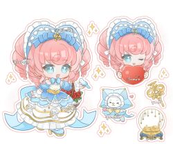  1girl animal arm_warmers back_bow bare_shoulders basket bird bird_on_hand blue_bird blue_bonnet blue_bow blue_bowtie blue_cloak blue_dress blue_eyes blue_shoes blue_sleeves bonnet bow bowtie cat character_print chibi chinese_commentary classic_lolita cloak clothed_animal collar commentary_request commission cropped_torso curly_hair detached_collar detached_sleeves dress drill_hair eyelashes faewish_sprite fang flower frilled_arm_warmers frilled_collar frilled_headwear frilled_hood frilled_sleeves frills hair_bow hair_ornament hair_through_headwear halftone halftone_background heart heart-shaped_bonnet high_heels highres holding holding_heart hood hood_up hooded_cloak infinity_nikki large_bow layered_dress lolita_fashion long_dress long_hair momo_(nikki) momo_(starry)_(infinity_nikki) multiple_hat_bows multiple_views musical_note musical_note_hair_ornament nikki_(series) official_alternate_costume open_mouth orange_hair outline print_dress puffy_short_sleeves puffy_sleeves red_flower red_rose rose sample_watermark shoes short_sleeves simple_background smile snow_globe sparkle strapless strapless_dress striped_bow striped_bowtie striped_clothes timeless_melody_(infinity_nikki) two_side_up watermark white_arm_warmers white_background white_bow white_cat white_collar white_dress white_outline winding_key yellow_bow yellow_bowtie zixi_bushi_luobei 