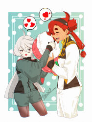  2girls 715piro_gon absurdres asticassia_school_uniform black_hairband black_pantyhose blue_background closed_eyes commentary_request cowboy_shot cropped_legs green_jacket green_shorts grey_eyes grey_hair gundam gundam_suisei_no_majo hairband heart highres hots_(gundam_suisei_no_majo) jacket long_hair miorine_rembran multiple_girls open_mouth pantyhose ponytail red_hair school_uniform shorts signature smile spoken_heart suletta_mercury white_jacket white_shorts yuri 