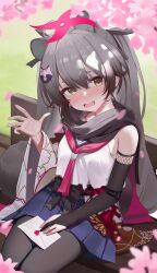  1girl absurdres animal_ear_fluff animal_ears black_pantyhose black_scarf blue_archive blue_skirt blush chinese_commentary commentary_request eyeshadow grey_hair halo hand_up highres holding holding_letter huashengjiang_gan_lao_mian letter long_hair looking_at_viewer love_letter makeup michiru_(blue_archive) neckerchief ninja on_bench open_mouth outdoors pantyhose pink_eyeshadow pink_halo pink_neckerchief pleated_skirt raccoon_ears raccoon_girl raccoon_hair_ornament raccoon_tail scarf shirt sitting skirt sleeveless sleeveless_shirt solo tail twintails yellow_eyes 