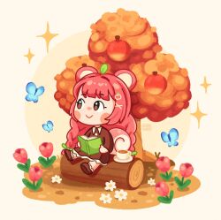  1girl animal_crossing animal_crossing:_new_horizons animal_ears apple apple_tree artist_name autumn_leaves blue_butterfly blush_stickers book brown_dress brown_eyes bug butterfly chibi coffee_mug commentary cup dress english_commentary flower food fruit grass highres holding holding_book kaaileen leaf log mug open_book pink_flower pink_tulip raccoon_ears raccoon_girl raccoon_tail red_hair sitting solo sparkle tail tree tulip white_flower 
