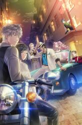  2girls 5boys amamine_mika ash_meyer bow bowtie building camu_einhard car cover crossed_arms desperadrops dusk everyone fedora frilled_shirt frills gib_baltzer gradient_background hat kozaki_yuusuke lamppost lapels leaning_against_motorcycle leaning_against_vehicle looking_at_viewer luis_hamiel motor_vehicle motorcycle multiple_boys multiple_girls night notched_lapels official_art on_roof ramie_carriere road sally_del_testa shirt sleeves_rolled_up street sweater_vest third-party_source twintails vest video_game_cover window_light 