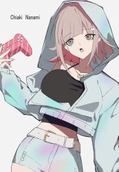  1girl :o alternate_costume belt black_shirt breasts brown_hair character_name collarbone commentary_request controller cowboy_shot danganronpa_(series) danganronpa_2:_goodbye_despair flipped_hair game_controller hair_ornament highres holding holding_controller holding_game_controller hood hood_up jacket jewelry large_breasts long_sleeves medium_hair miniskirt nanami_chiaki necklace phare_(spring_ha1ru) pink_eyes shirt simple_background skirt sleeves_past_wrists white_belt white_jacket white_skirt 