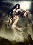  breasts full_moon genzoman ghost grave graveyard japanese_clothes kimono long_hair moon night no_feet obi oppai original scarf solo tombstone tree wafuku white_eyes 