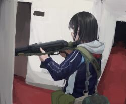  1girl ak-74m ammunition_pouch assault_rifle attamaf866 black_hair blue_track_suit commentary_request elevator_door facing_to_the_side gun gun_sling highres holding holding_weapon hood hood_down kalashnikov_rifle load-bearing_equipment looking_to_the_side low_ready_stance original pouch rifle short_hair striped_clothes track_suit vertical-striped_clothes weapon 