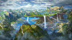  absurdly_detailed_composition absurdres blue_sky bridge city clouds cloudy_sky commentary complex_exterior courtyard day defensive_wall english_commentary fantasy forest grand_scale highres lake landscape mountain nature no_humans original outdoors railroad_tracks ryan_christian scenery sentry sky tree water waterfall 