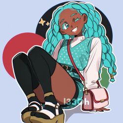  1girl alternate_costume alternate_hairstyle alternate_skin_color aqua_eyes aqua_hair aqua_vest bag belt black_belt black_thighhighs dark-skinned_female dark_skin full_body hatsune_miku highres l33oh long_hair one_eye_closed shoulder_bag sweater thigh-highs turtleneck turtleneck_sweater very_long_hair vest vocaloid 