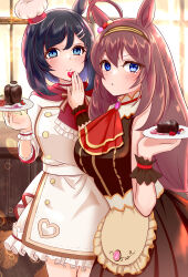  2girls absurdres ahoge animal_ears apron ascot black_hair blue_eyes blush breasts brown_apron brown_dress brown_hair brown_hairband brown_wrist_cuffs cake chef_hat chocolate closed_mouth dress eishin_flash_(precise_chocolatier)_(umamusume) eishin_flash_(umamusume) food frilled_cuffs hair_between_eyes hair_ornament hairband hairclip hat highres holding holding_plate horse_ears horse_girl large_breasts long_hair looking_at_viewer mihono_bourbon_(code:_icing)_(umamusume) mihono_bourbon_(umamusume) mini_hat multiple_girls official_alternate_costume plate red_ascot short_hair smile suzuto_(mimoria) tilted_headwear umamusume waist_apron white_dress white_wrist_cuffs wrist_cuffs 